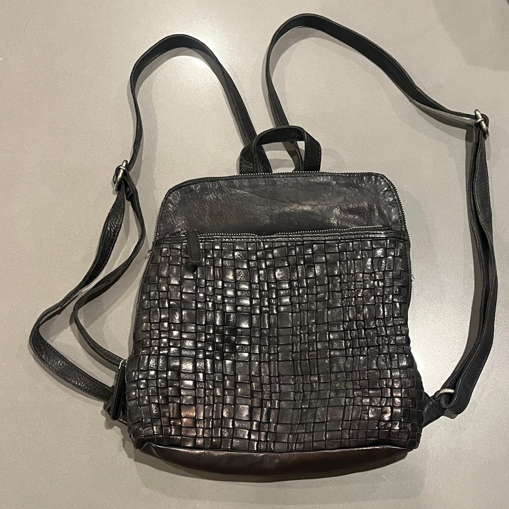 Elegant Black Woven Leather Backpack